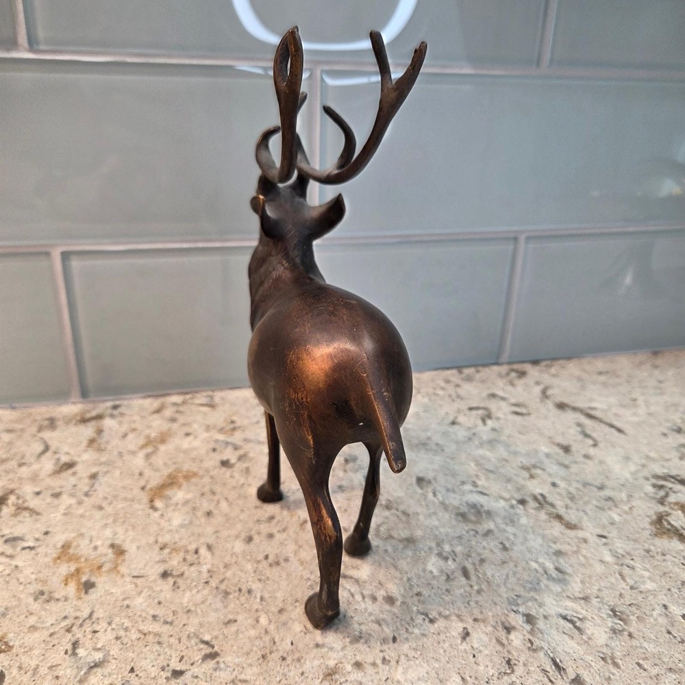 Vintage Bronze Stag Figurine Standing Deer Antler Statue Made in India 8.5 Inch - Picture 5 of 12